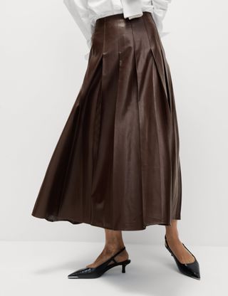 Leather Look Pleated Midaxi A-Line Skirt