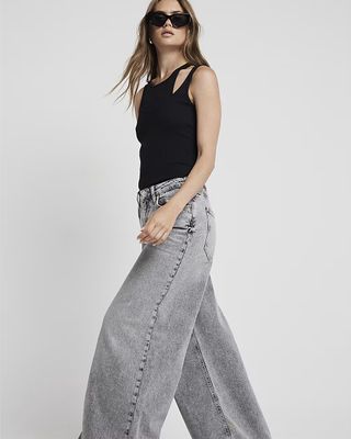 Grey Mid Rise Elastic Back Palazzo Jeans