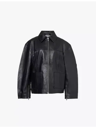 Relaxed-Fit Point-Collar Leather Bomber Jacket