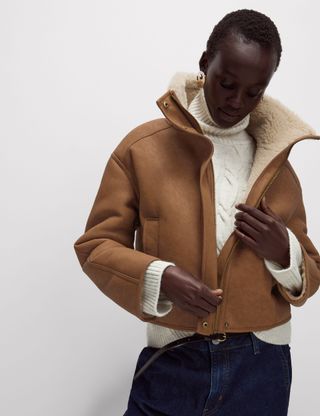 Faux Shearling Funnel Neck Short Jacket