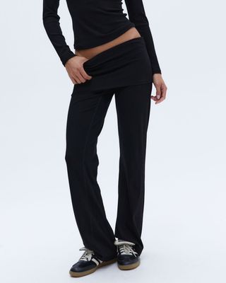 Rib Fold Over Pants - Black