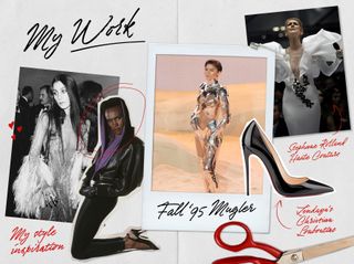 A collage showing the stylist Law Roach's world, including his style inspirations, Cher, Grace Jones, Zendaya, and Celine Dion