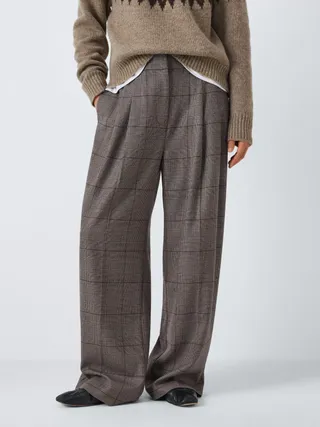 John Lewis Check Wide Leg Wool Blend Trousers, Brown/multi