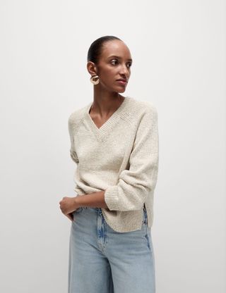 Cotton Blend Ribbed V-Neck Jumper