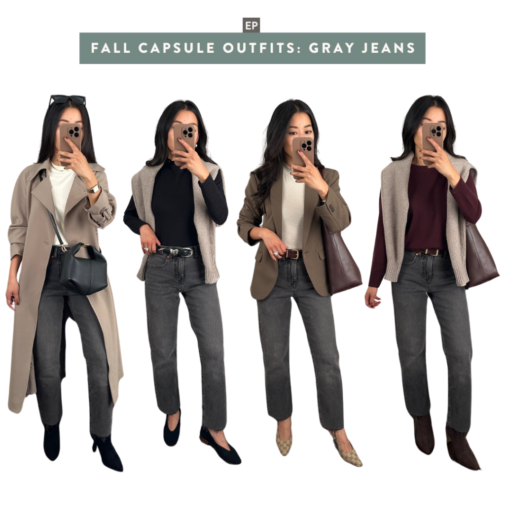 petite friendly fall 2024 capsule outfits with grey jeans