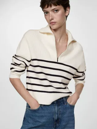 Mango Rizoni Stripe Zip Neck Jumper, Cream/navy