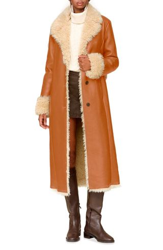 Faux Leather & Faux Shearling Belted Long Coat