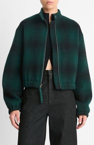 Shadow Plaid Wool Blend Bomber Jacket