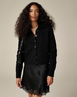 Collared Cable-Knit Cardigan Sweater