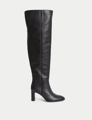 Leather Block Heel Over the Knee Boots