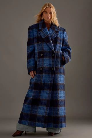 By Anthropologie Double-Breasted Wool Check Maxi Coat