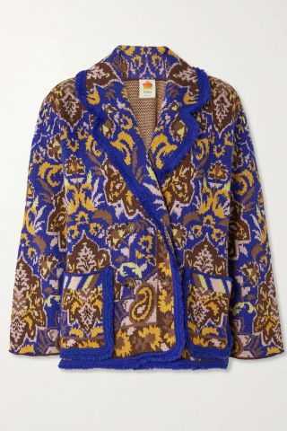 Glam Tapestry Belted Double-Breasted Jacquard-Knit Blazer