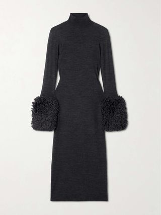 Faux Fur-Trimmed Wool Turtleneck Midi Dress