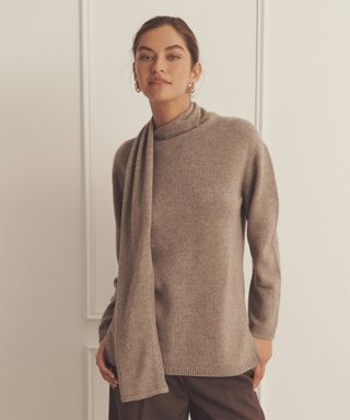 Luxe Cashmere Asymmetrical Turtleneck With Scarf