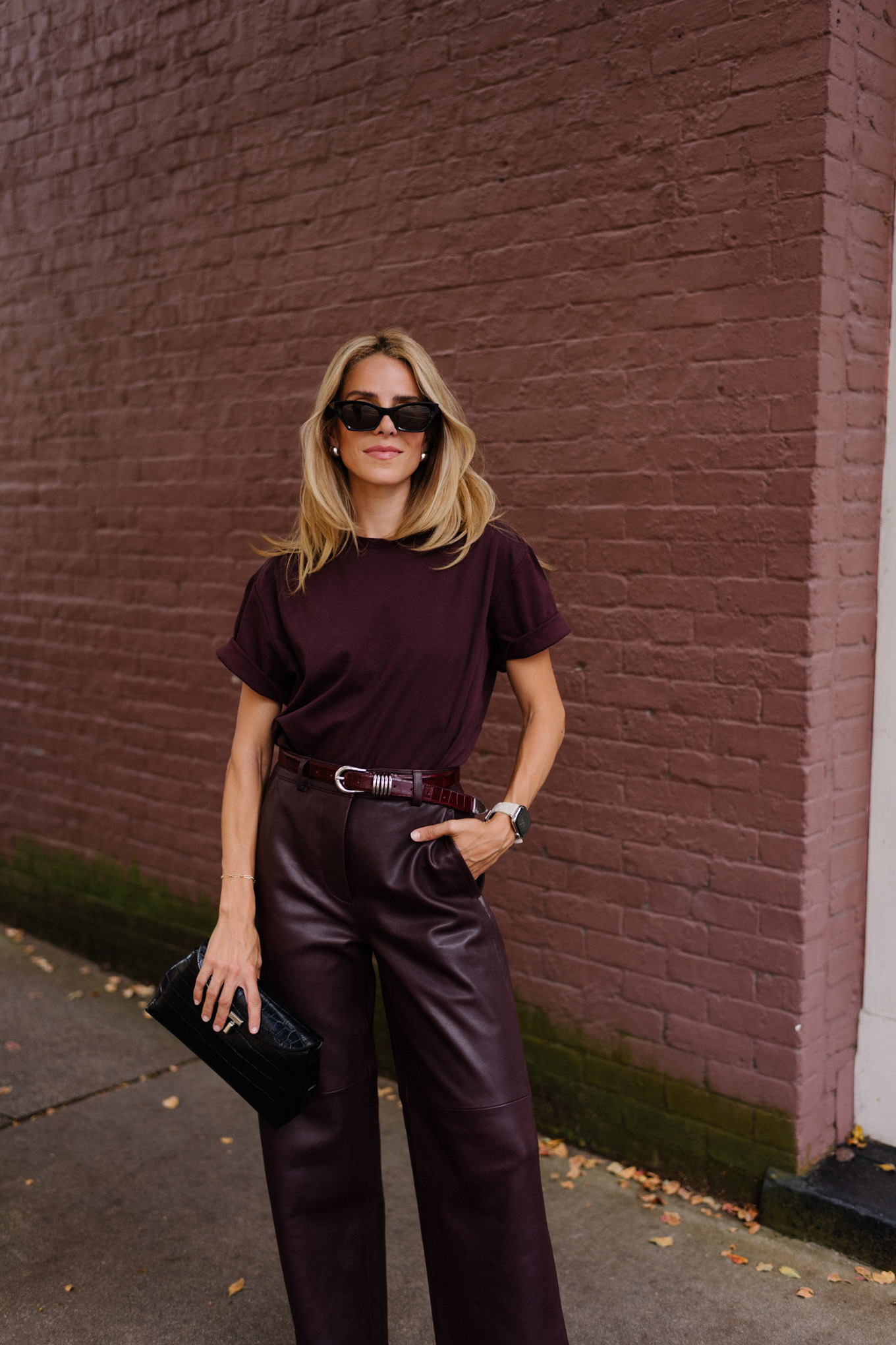 maroon tshirt maroon leather pants snakeskin flats