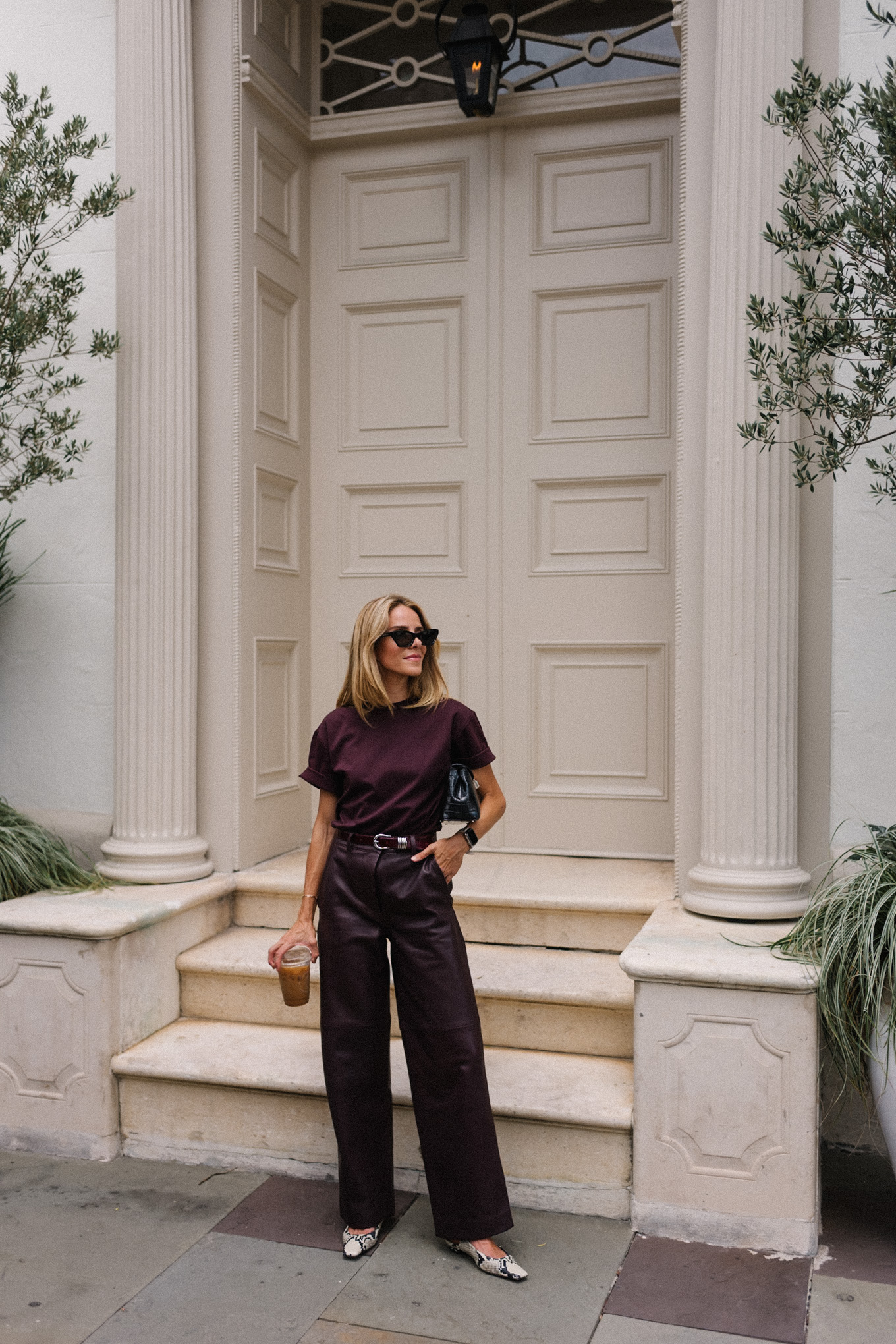 maroon tshirt maroon leather pants snakeskin flats