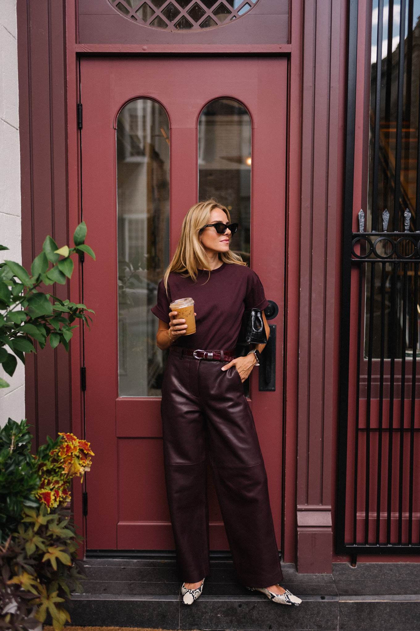 maroon tshirt maroon leather pants snakeskin flats