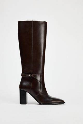 Buckled Knee High Heeled Leather Boots