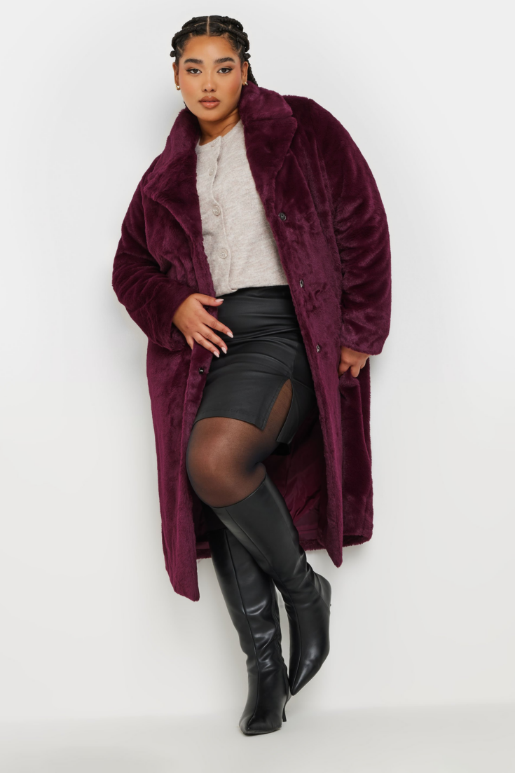 YOURS Curve Burgundy Red Plush Faux Fur Coat