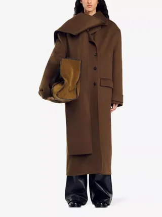 Integrated-Scarf Relaxed-Fit Wool Coat