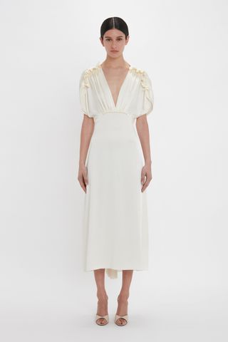 Exclusive V-Neck Ruffle Midi Dress in Ivory