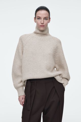 Ribbed Cashmere-Blend Funnel-Neck Sweater