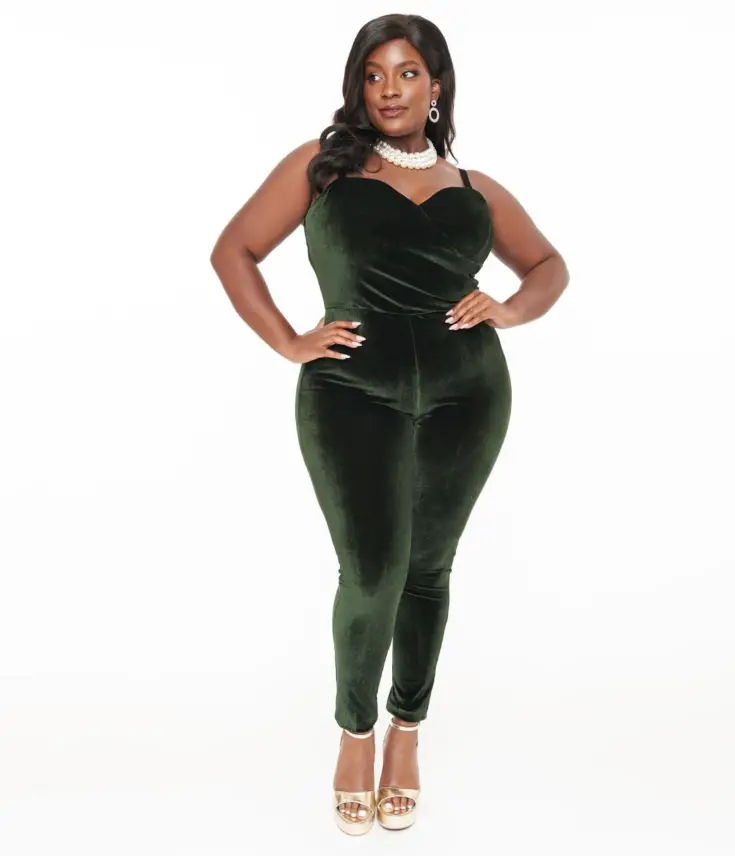 Unique Vintage Plus Size 1970s Dark Green Velvet Jumpsuit