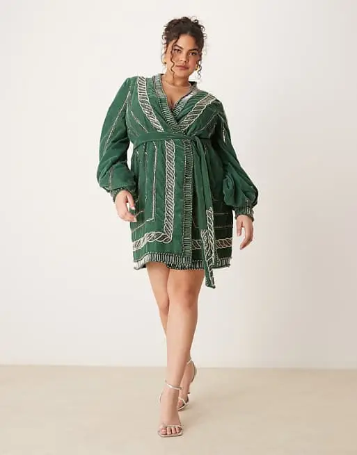 Curve embellished velvet mini dress with tie detail in forest green