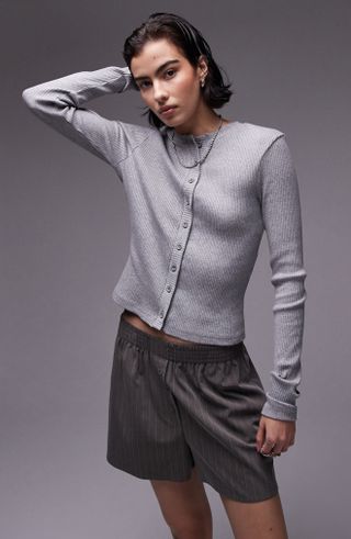 Topshop, Crewneck Cotton Rib Cardigan