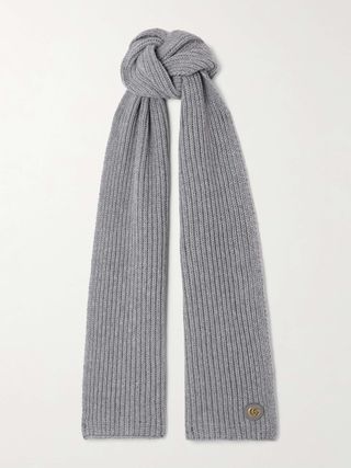 Embellished Leather-Trimmed Ribbed Wool and Cashmere-Blend Scarf