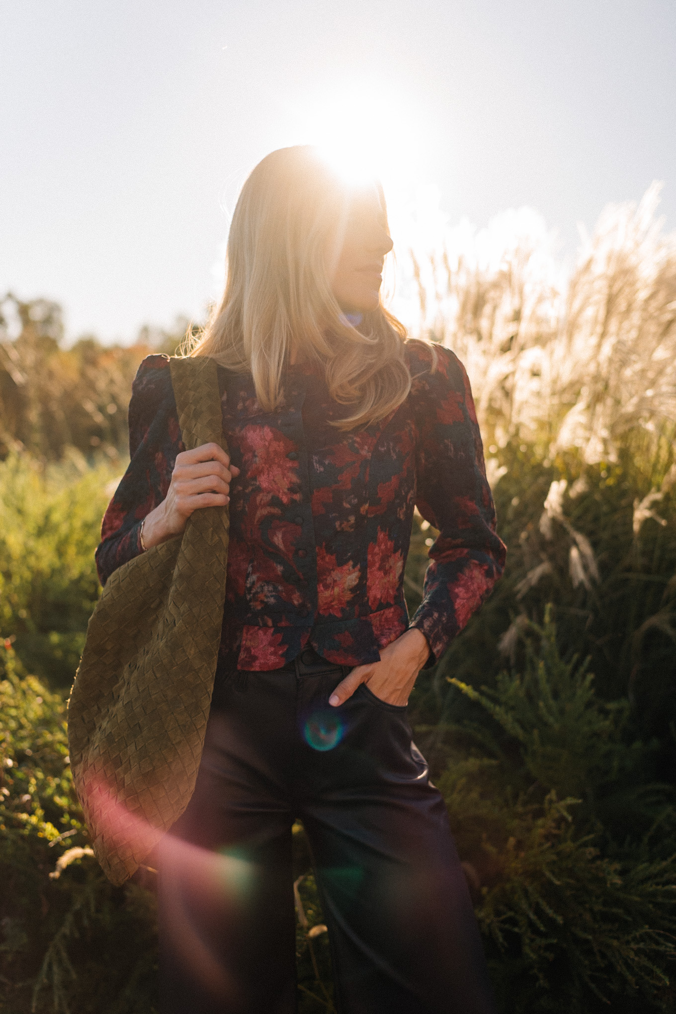 floral jacquard jacket green leather pants