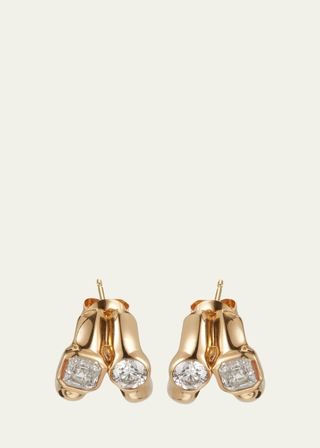 Twin Tusk 18k Yellow Gold Huggie Earrings With Asscher-Cut and Round Stones