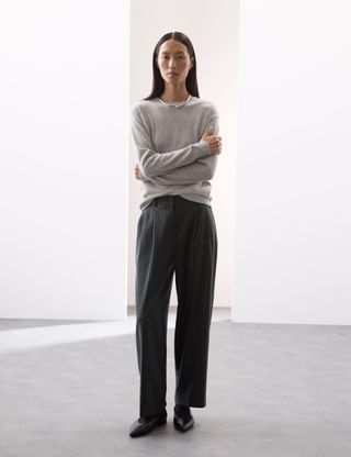 Wool Blend Pinstripe Tapered Trousers