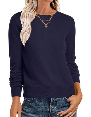 Anrabess Women's Long Sleeve Crewneck Classic 2024 Fall Soft Basic Pullover Sweaters Top Navy Blue Medium