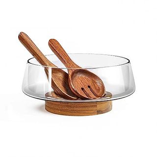 Kiteiscat Extra Large Glass Salad Bowl Set - Salad Bowls for Party With Acacia Wood Base and Salad Serving Utensils - Elegant and Practical Kitchen Must-Have