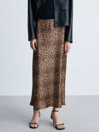 Mango Bombi Leopard Print Satin Maxi Skirt, Brown