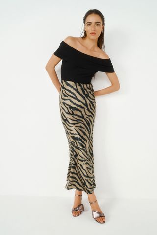 Zebra Animal Print Satin Midi Skirt