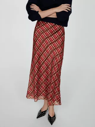 Mango Grunge Tartan Skirt, Dark Red