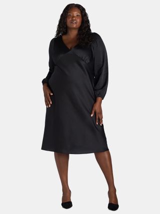 Nine.Eight, Nine.eight Women’s and Women's Plus V-Neck Satin Midi Dress With Long Sleeves, Sizes Xs-4x