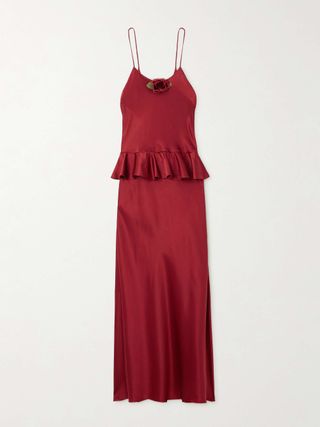 Ruffled Appliquéd Silk-Satin Midi Dress