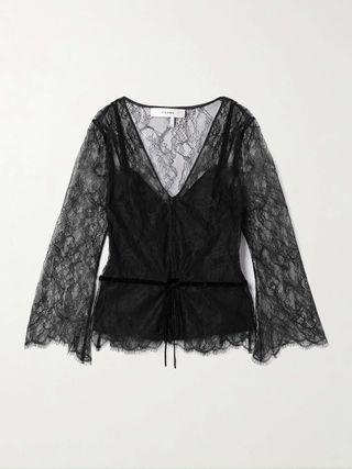 Tie-Detailed Velvet-Trimmed Lace Blouse