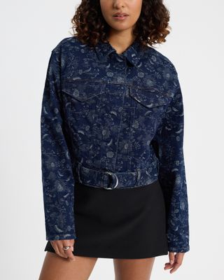 Express, Floral Denim Cropped Moto Jacket