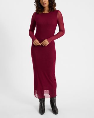 Express, Mesh Crew Neck Long Sleeve Midi Dress