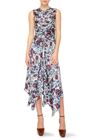 Floral Print Ruched Satin Midi Dress