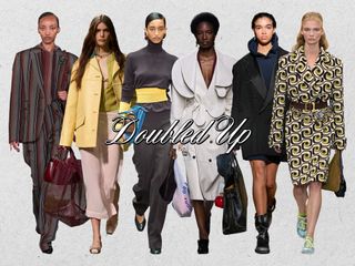 A collage showing the long haul fashion trend of double bags is shown on models walking the fall 2024 and spring 2025 runway shows of Tory Burch, Gucci, Fendi, Bottega Veneta, Coach, and Prada