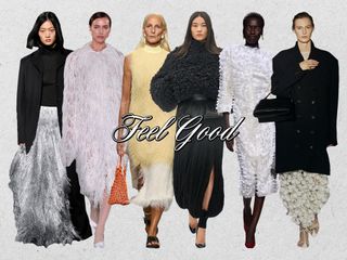 A collage showing the long haul fashion trend tactile textures are shown on models in walking the fall 2024 and spring 2025 runway shows of 16Arlington, Tory Burch, 3.1 Phillip Lim, Alaïa, Bottega Veneta, and Khaite