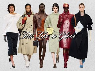 A collage showing the long haul fashion trend statement gloves is shown on models walking the fall 2024 and spring 2025 runway shows of Carven, Bottega Veneta, Ferrari, Philosophy Di Lorenzo Serafini, Gucci, and Del Core