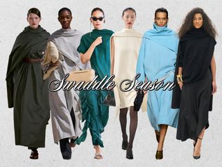 A collage showing the long haul fashion trend swaddled clothing is shown on models walking the fall 2024 and spring 2025 runway shows of Lovechild 1979, The Garment, Carven, Toteme, Bottega Veneta, and Alaïa