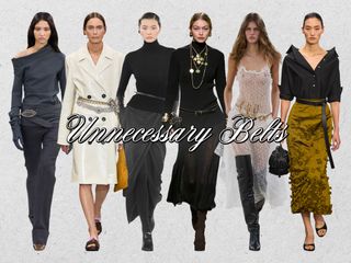 a collage showing the long haul fashion trend, unnecessary belts, is shown on models walking the fall 2024 and spring 2025 runway shows of Tod's, Prada, Max Mara, Chanel, Chloé, and Michael Kors