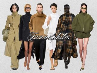 A collage showing the long haul fashion trend funnel neck clothing is shown on models walking the fall 2024 and spring 2025 runway shows of Burberry, Brandon Maxwell, Bevza, Tod's, Chloé, and Gucci